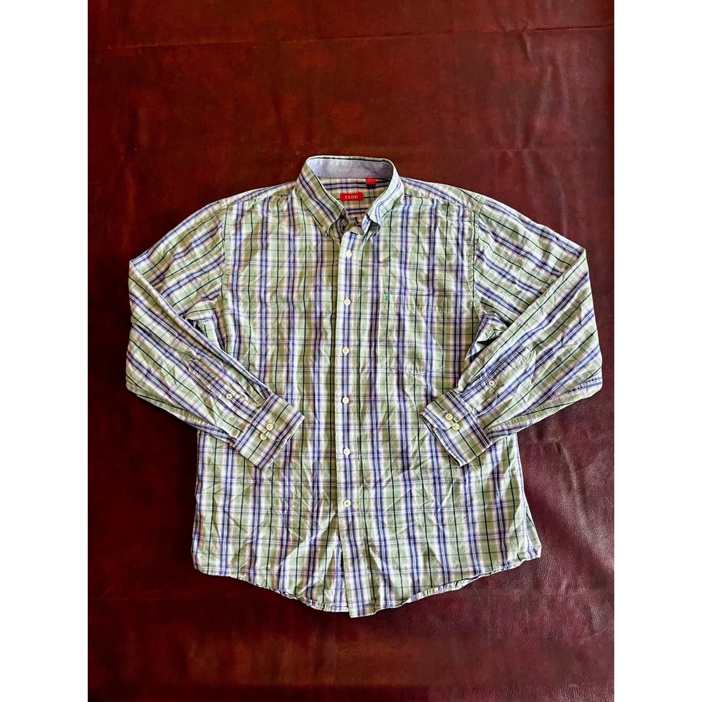 Izod Mens Plaid Button Down Shirt Green Blue Long Sleeve Size Medium